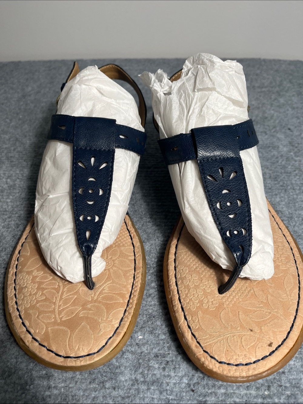boc Navy Leather T‑Strap Sandals with Tan Floral Footbed